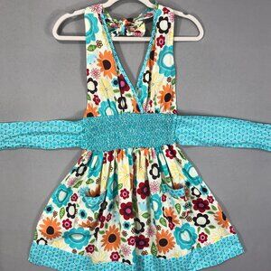 ASD Living Apron Womens One Size Blue Floral Boho Halter Retro Smocked Pockets